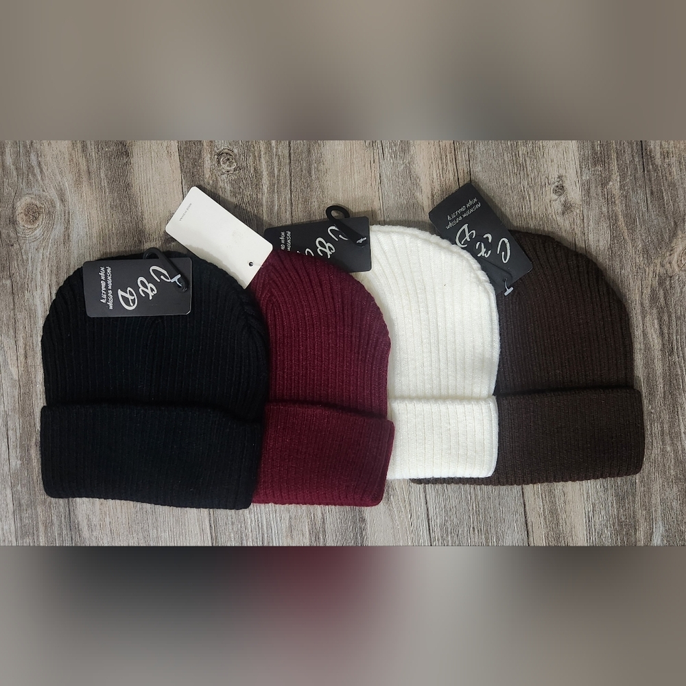 Set of Ribbed Knit‎ Beanies - Black, Burgundy, White, Brown